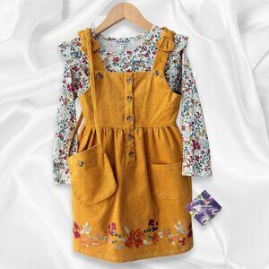 NWT! Corduroy Pinafore Dress Set | Floral Ruffle Long Sleeve | Cottagecore